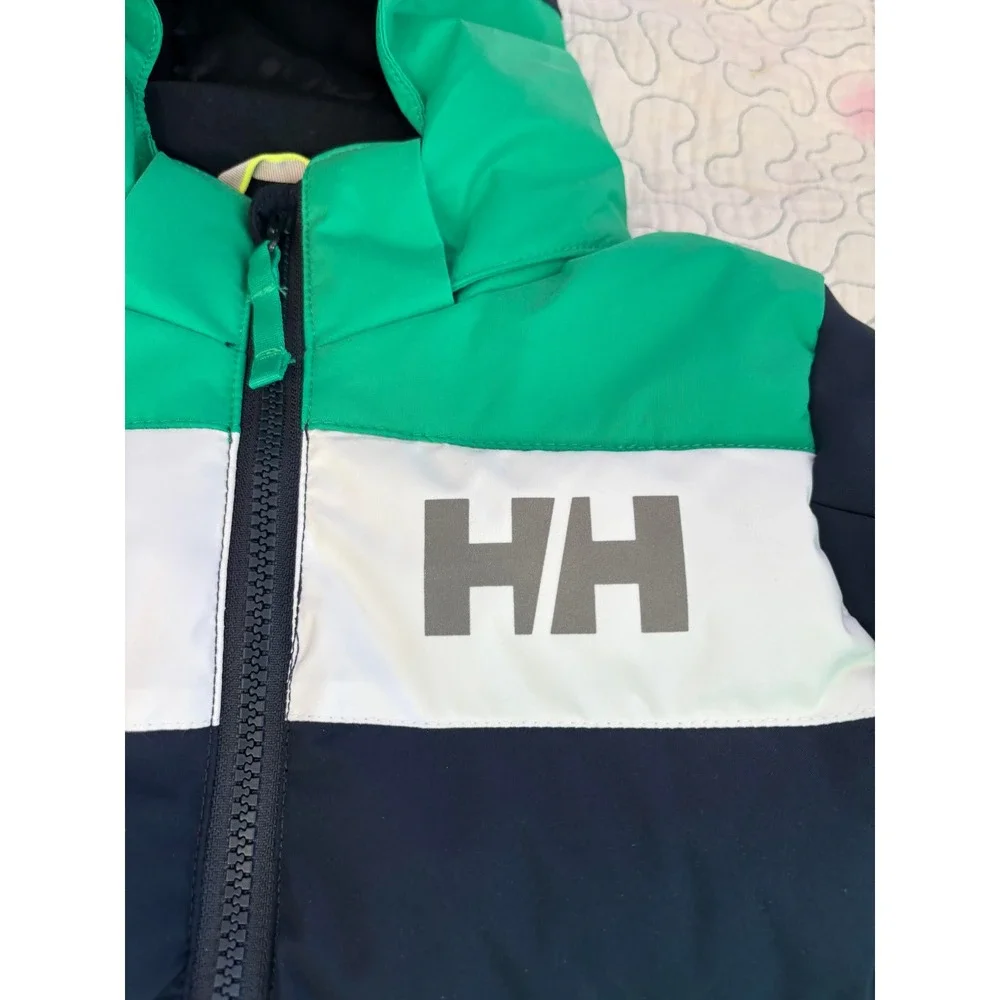 Helly Hansen Kids Puffer Ski Jacket Navy Green White‎ Hooded Coat Size 4 NWOT